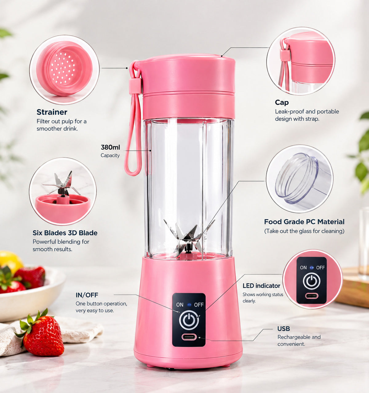 Portable 6-Blade USB Rechargeable Juicer Blender for Fresh Drinks