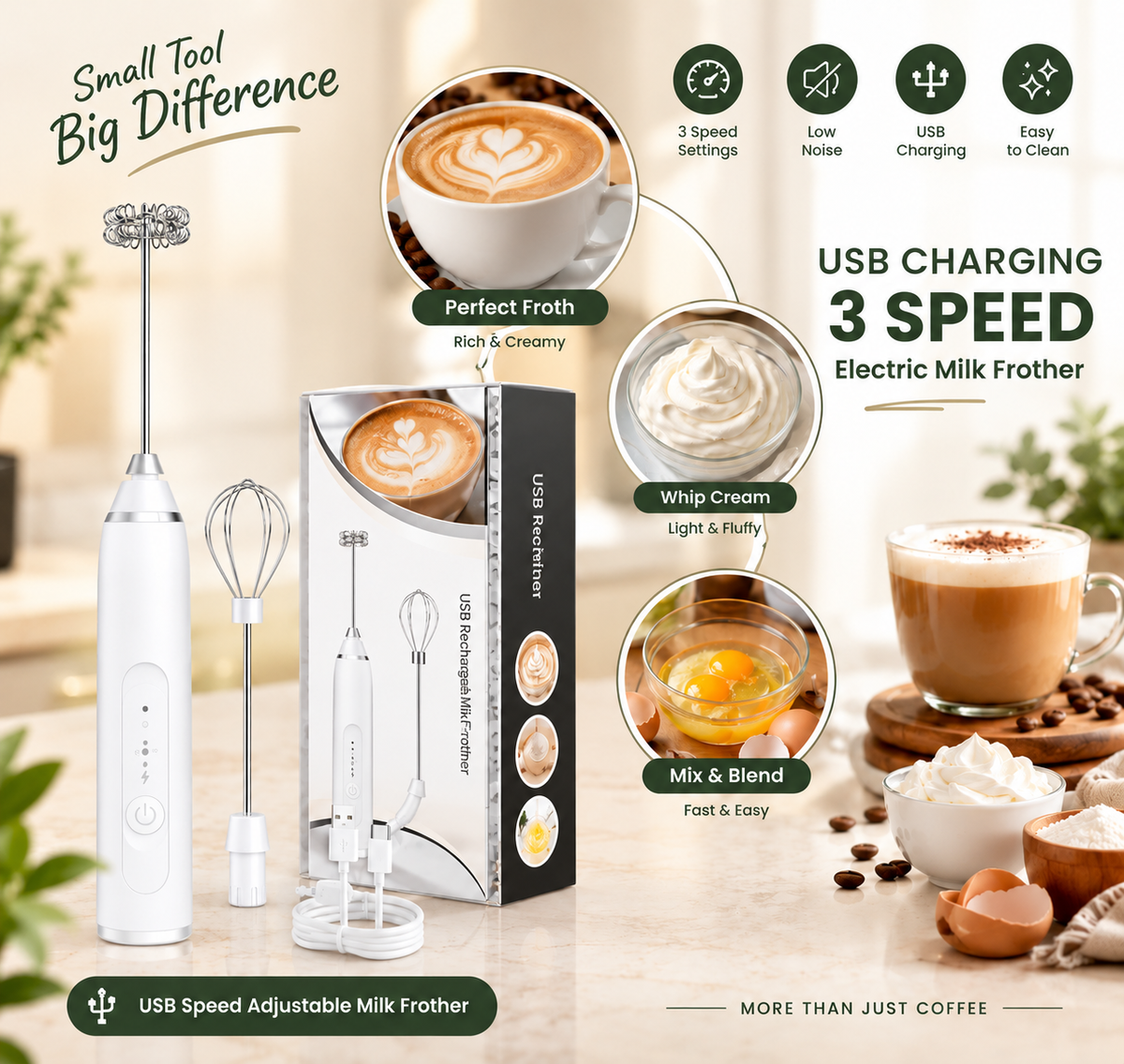 2-in-1 Rechargeable Coffee & Milk Frother